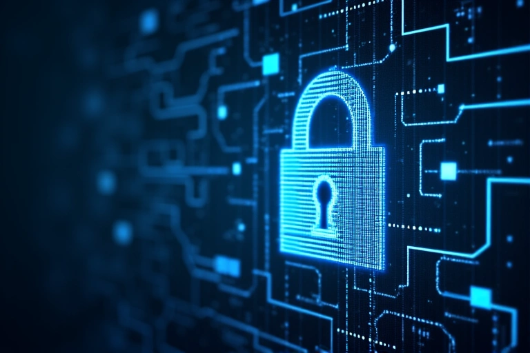 Representación visual de un candado digital con datos fluyendo alrededor, simbolizando la seguridad de los datos y la protección de la información.