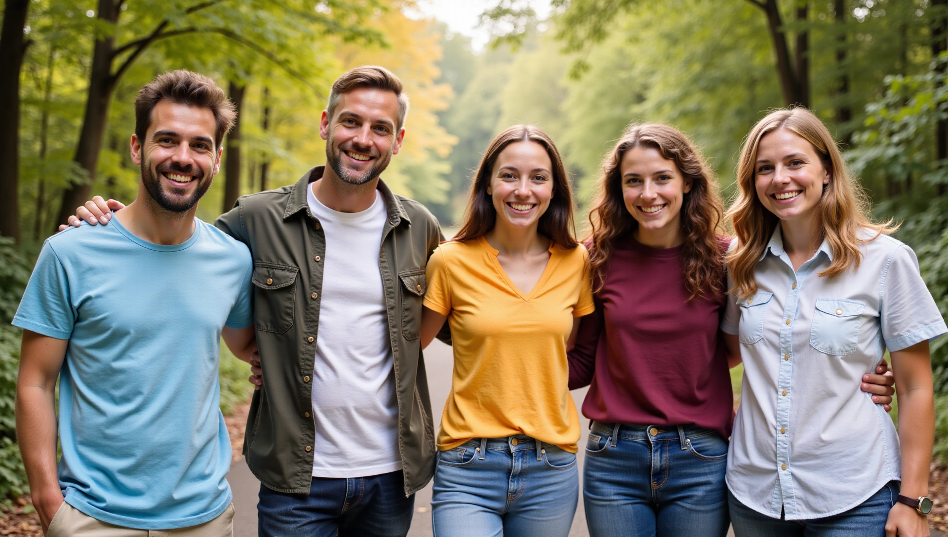 Grupo de personas diversas y felices, sonriendo y mostrando vitalidad, en un ambiente natural.